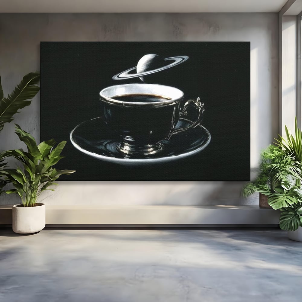 Tablou canvas cu tablou canvas cu ceasca de cafea si planeta, fara rama, pe sasiu de lemn